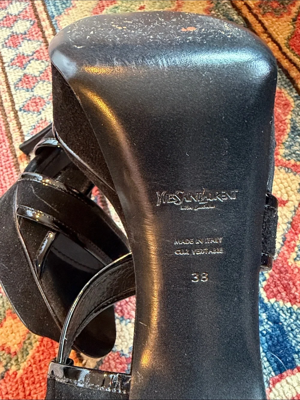 Saint Laurent Black Suede and patent leather accent Crisscross Strap Heels